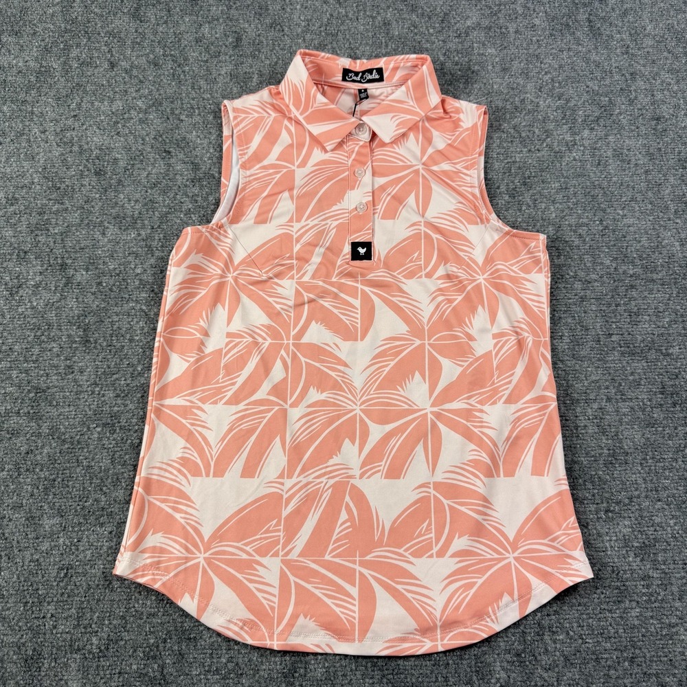 Bad Birdie Coral and White Palm Print Sleeveless Polo Top